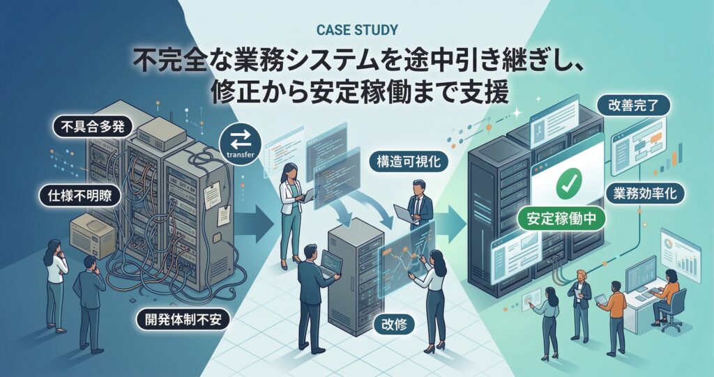 不完全な業務システムを途中引き継ぎし、修正から安定稼働まで支援