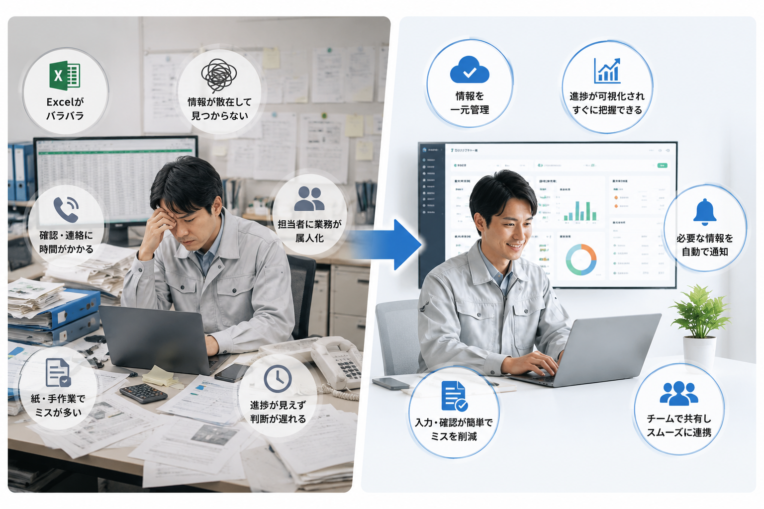 紙やExcel中心の混乱した業務から、情報が整理されスムーズに管理できる状態へ変わるイメージ